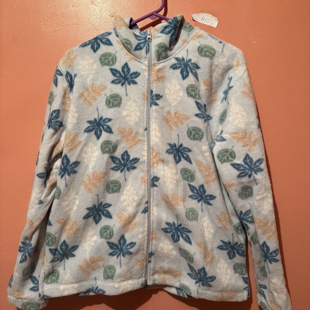 3/$15 Diagonal Womens Sweater L Large Blue Leaves Full Zip Soft Outerwear